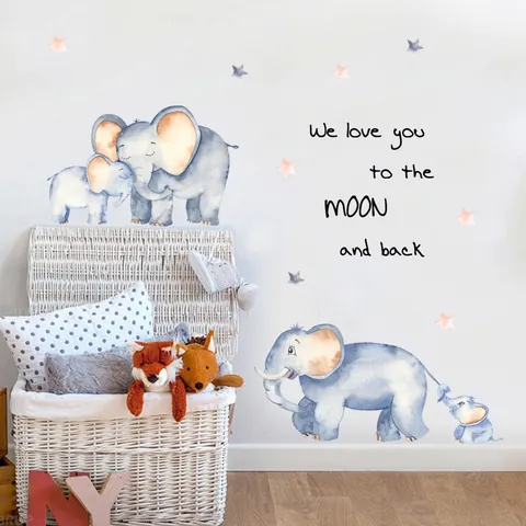 Watercolor Elephant Star Wall Sticker For Nursery Kids Room Sweet Quote PVC Removable Home Decoration Background Mural