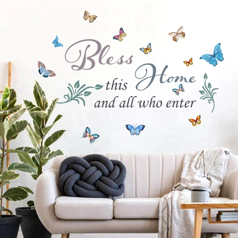 Bless This Home Inspirational English Quote Butterfly Wall Sticker PVC Removable Decorative Mural For Living Room Bedroom
