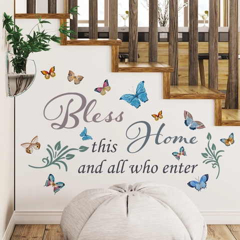 Bless This Home Inspirational English Quote Butterfly Wall Sticker PVC Removable Decorative Mural For Living Room Bedroom