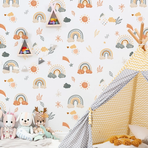 Boho Rainbow Wall Stickers Sun Cloud Star Leaf PVC Waterproof Removable Decals For Kids Room Nursery Home Wall Decor