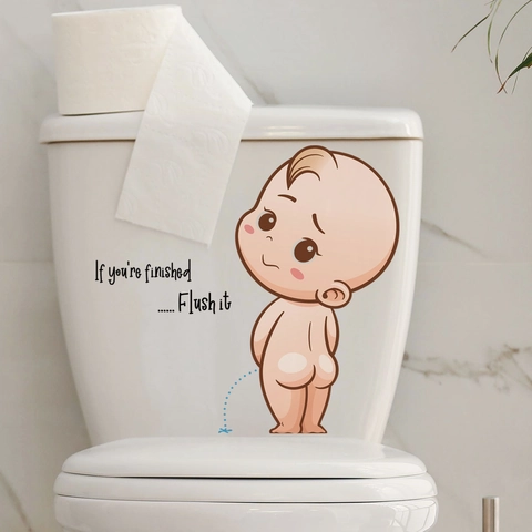 Divertida Pegatina para Inodoro Niño Orinando Impermeable PVC Recordatorio de Descarga para Baño Decoración Calcomanía de Pared