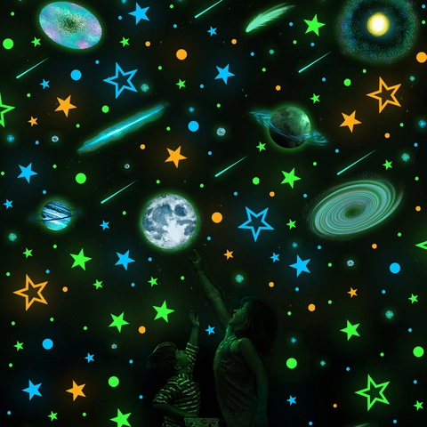 Glow In The Dark Wall Stickers Stars Moon Planets Galaxy Luminous Ceiling Decals For Kids Bedroom Living Room Home Decor