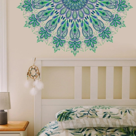 Adesivo da Parete Mandala PVC Simmetrico Stile Bohémien Blu Verde Decalcomania Artistica per Soggiorno Camera da Letto