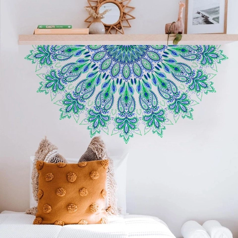 Adesivo da Parete Mandala PVC Simmetrico Stile Bohémien Blu Verde Decalcomania Artistica per Soggiorno Camera da Letto