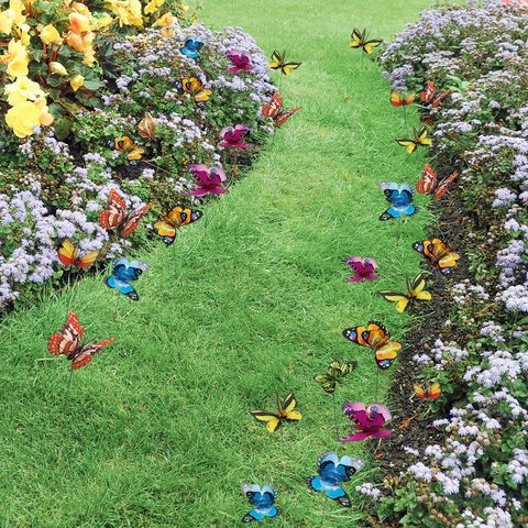 Doppelschicht 3D Schmetterling Gartenstecker Für Garten Außenbereich Wasserdichte PVC Deko Ornamente Mit Metallstäben Für Blumentöpfe Hof Dekoration