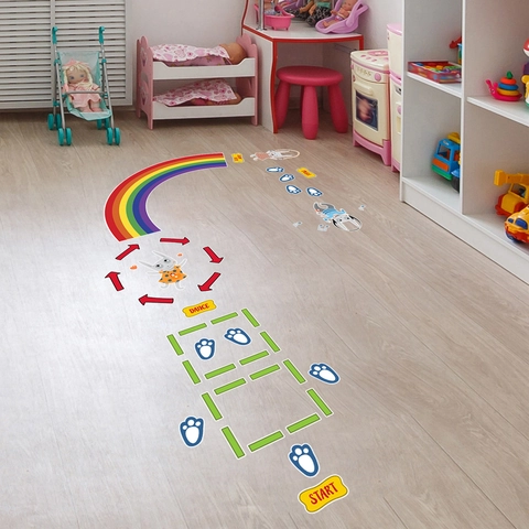 Regenboog Hindernisbaan Spel Vloersticker Waterdicht PVC Cartoon Konijn Interactieve Decoratieve Sticker Voor Kinderkamer Plezier