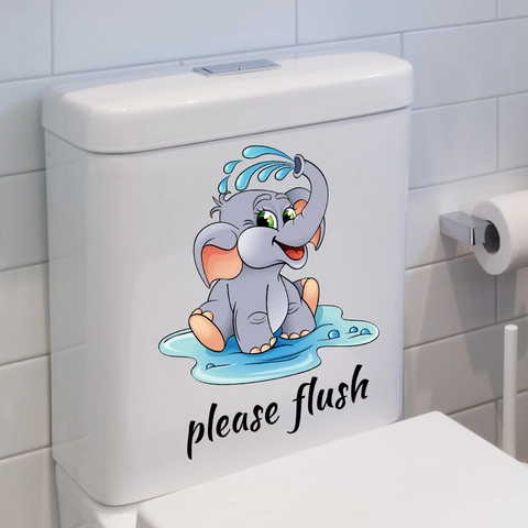 Cartoon Elephant Please Flush Toilet Sticker Waterproof PVC Self Adhesive Bathroom Decoration Decal Home Restroom Wall Art