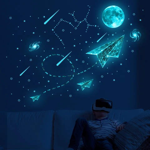 Luminous Starry Sky Moon Paper Airplane Wall Stickers Glow In The Dark Space Theme DIY Ceiling Decals For Kids Room Bedroom