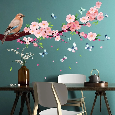 Pink Peach Blossom Branch Bird Butterflies Wall Stickers PVC Removable Floral Decals For Living Room Bedroom Decor