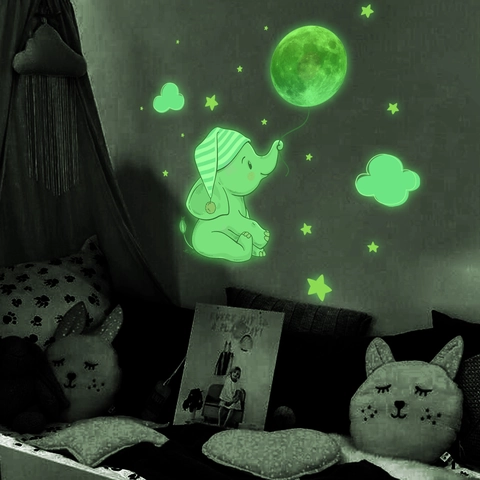 Adesivi Murali Elefante Luna Stelle Fluorescenti Per Camera Dei Bambini Letto Decorativi In PVC Luce Notturna Adesivi Da Parete