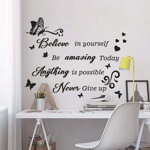 Adesivo da Parete con Citazioni Motivazionali Inglesi Believe In Yourself Farfalla Cuore Decalcomania PVC per Casa Ufficio