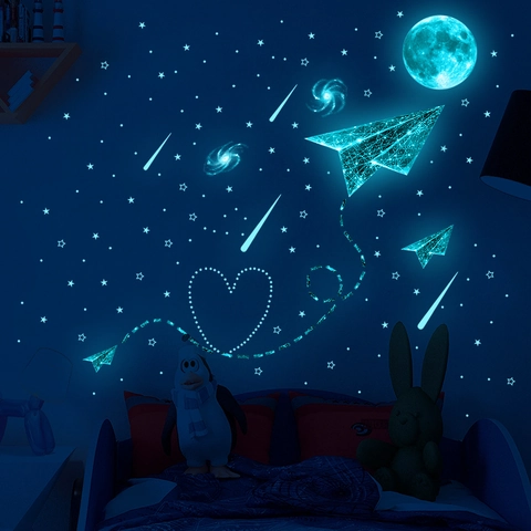 Luminous Glow In The Dark Wall Stickers PVC Universe Moon Star Paper Plane Decals For Kids Bedroom Ceiling Decoration