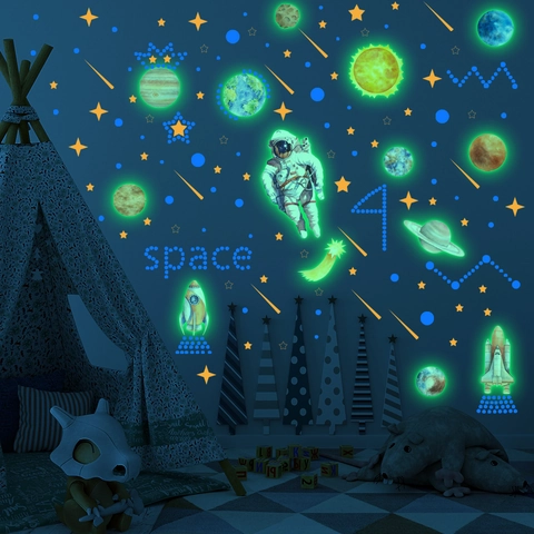 Adesivi Murali Astronauta Spazio Fluorescenti Al Buio Pianeta Razzo Stella Decalcomanie In PVC Per Camera Dei Bambini Casa