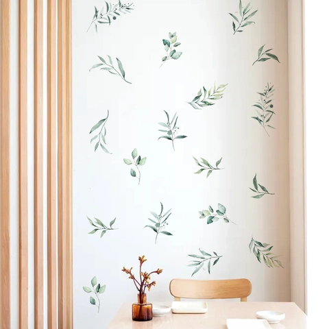 Stickers Muraux Feuilles d'Eucalyptus Aquarelle PVC Amovibles Plantes Vertes Décalcomanies Murales pour Salon Chambre Décoration