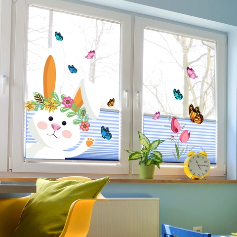 Ostern Hase Schmetterling Fensteraufkleber Statische Haftung PVC Abnehmbare Glasdekor Für Kinderzimmer Haus Deko Blumenkranz