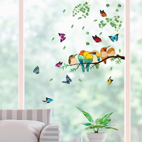 Bunte Vögel Auf Baumzweigen Schmetterlinge Statische Haftung Fensteraufkleber Doppelseitiger Visueller PVC Wandaufkleber Dekoration