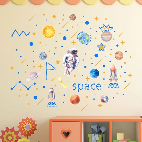 Adesivi Murali Astronauta Spazio Fluorescenti Al Buio Pianeta Razzo Stella Decalcomanie In PVC Per Camera Dei Bambini Casa