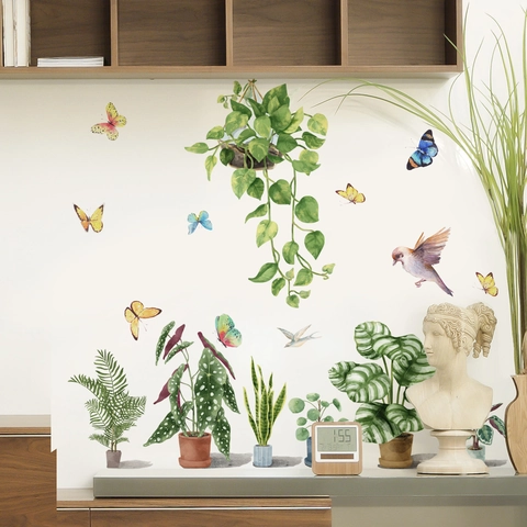 Grüne Pflanze Topfpflanze Wandtattoo Aquarell PVC Schmetterling Vogel Aufkleber Für Wohnzimmer Schlafzimmer Abnehmbare Deko