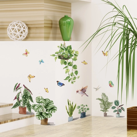 Grüne Pflanze Topfpflanze Wandtattoo Aquarell PVC Schmetterling Vogel Aufkleber Für Wohnzimmer Schlafzimmer Abnehmbare Deko