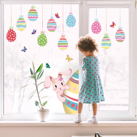 Pegatinas de Ventana de Pascua Estáticas PVC Conejo Huevos Coloridos Mariposas Doble Cara Reutilizables Decoración Hogar