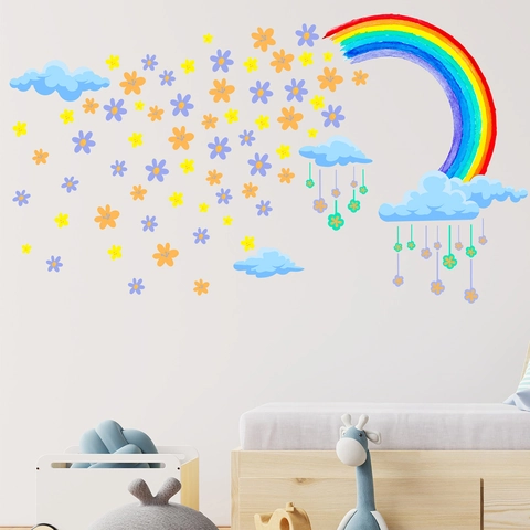 Adesivi Murali a Forma di Arcobaleno Nuvole e Fiori in Stile Acquerello PVC Adesivi per Cameretta Bambini Casa