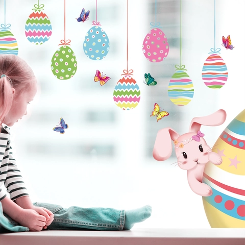 Pegatinas de Ventana de Pascua Estáticas PVC Conejo Huevos Coloridos Mariposas Doble Cara Reutilizables Decoración Hogar