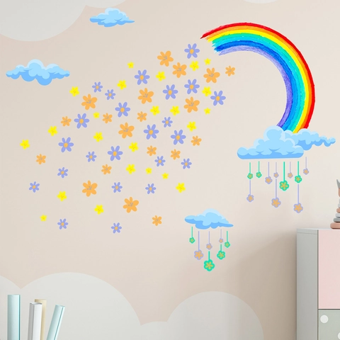 Adesivi Murali a Forma di Arcobaleno Nuvole e Fiori in Stile Acquerello PVC Adesivi per Cameretta Bambini Casa