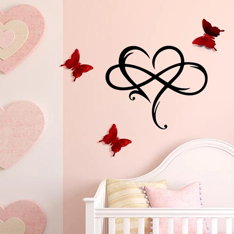 Set di Adesivi da Parete con Simbolo dell'Infinito a Cuore con Farfalle Rosse Glitterate Decorazione Murale in PVC