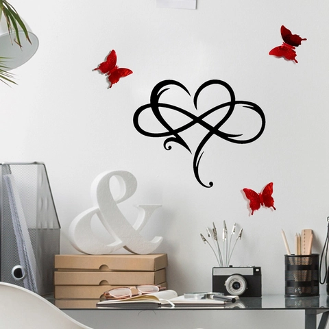 Set di Adesivi da Parete con Simbolo dell'Infinito a Cuore con Farfalle Rosse Glitterate Decorazione Murale in PVC