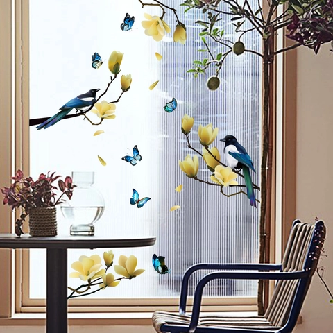 Birds Yellow Flowers Blue Butterfly Static Window Clings PVC Removable Decorative Stickers For Glass Mirror Home Decor