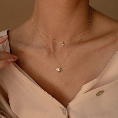 Layered Double Chain Necklace With Star Pendant Round Zircon Gold Plated Copper Jewelry Elegant For Women