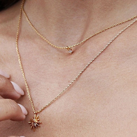 Layered Double Chain Necklace With Star Pendant Round Zircon Gold Plated Copper Jewelry Elegant For Women