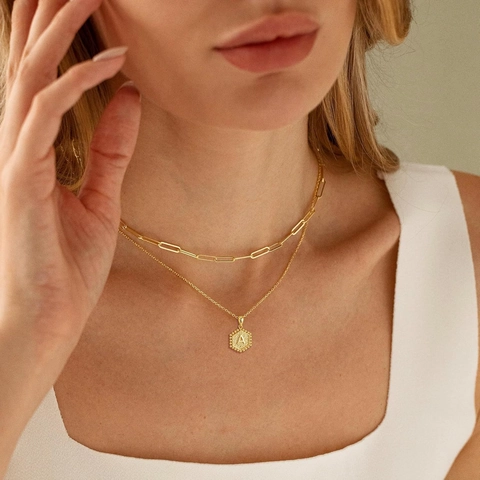 Stainless Steel Layered Necklace Initial Hexagon Pendant Gold Plated Paperclip Chopin Chain Women Jewelry Gift