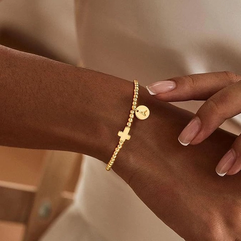14K Gold Plated Stainless Steel Elastic Beaded Bracelet For Women Personalized Alphabet Initial Cross Charm Bracelet Jewelry
