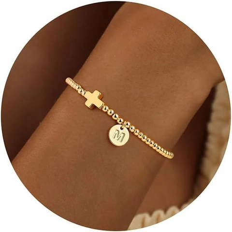 14K Gold Plated Stainless Steel Elastic Beaded Bracelet For Women Personalized Alphabet Initial Cross Charm Bracelet Jewelry