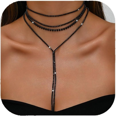 Sexy Schwarz Strass Mehrlagige Choker Halskette Mit Langer Quaste Körperkette Für Damen Party Nachtclub Mode Schmuck