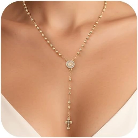 14K Gold Plated Stainless Steel Rosary Y-Necklace For Women With Saint Benedict Medal And Cross Crucifix Pendant Zirconia Inlaid Bead Chain Long Necklace Jewelry Gift