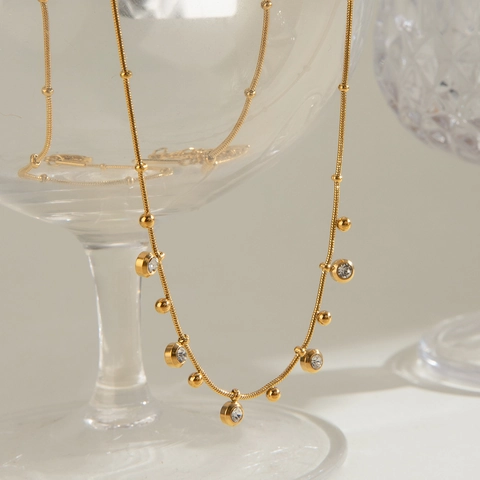 Collar Con Colgante De Circón Pulsera Chapado En Oro De 18 Quilates Acero Inoxidable Cadena De Cuentas Impermeable Hipoalergénico Mujer