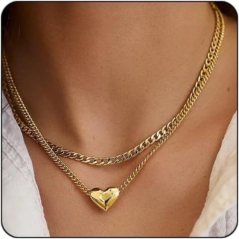 Collier Pendentif Cœur Double Rangée en Acier Inoxydable Plaqué Or 18K Chaîne Gourmette pour Femme Bijoux Étanche