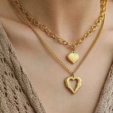 Stainless Steel Angel Wings Heart Double Layer Necklace For Women Gold Silver Textured Heart Pendant Sweater Chain Jewelry