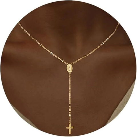 Women Vintage Copper Virgin Mary Medal Cross Pendant Y-Shaped Necklace Gold Silver Plated Religious Christian Jewelry Gift