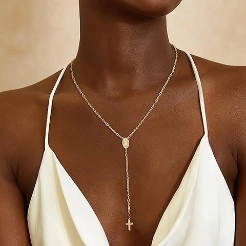 Women Vintage Copper Virgin Mary Medal Cross Pendant Y-Shaped Necklace Gold Silver Plated Religious Christian Jewelry Gift