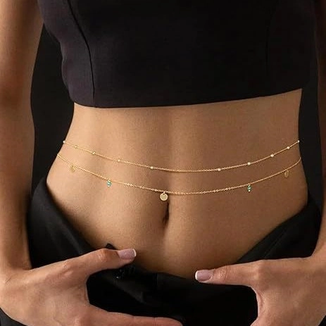 Bohemian Double Layer Alloy Sequin Waist Chain Gold Silver Plated Body Chain With Green Beads Beach Jewelry For Women