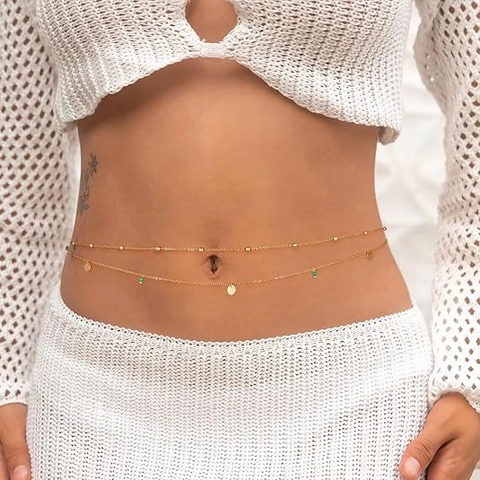 Bohemian Double Layer Alloy Sequin Waist Chain Gold Silver Plated Body Chain With Green Beads Beach Jewelry For Women