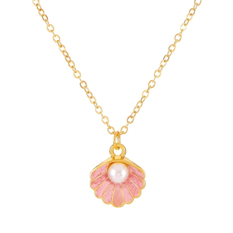 Collar Con Colgante de Perla Artificial de Concha para Mujer Cadena de Clavícula de Cobre Chapado en Oro Esmalte Joyería Dulce Regalo