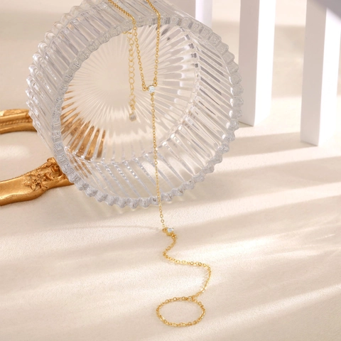 Tobillera de Cuentas de Oro de Acero Inoxidable con Anillo de Dedo y Cadena de Mano de Zirconia para Mujer Joyería de Playa
