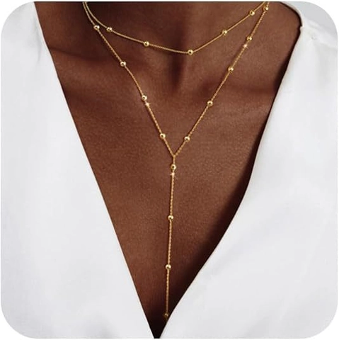 14K Vergoldete Edelstahl Doppellagige Perlenkette Y-Halskette Für Damen Minimalistische Zierliche Anhänger Halskette Modeschmuck