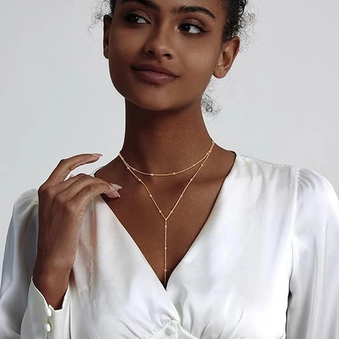 14K Vergoldete Edelstahl Doppellagige Perlenkette Y-Halskette Für Damen Minimalistische Zierliche Anhänger Halskette Modeschmuck