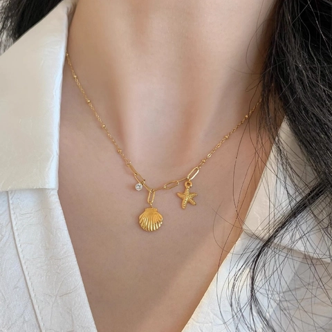 Collier Pendentif Étoile De Mer Coquillage Acier Inoxydable Plaqué Or Avec Strass Thème Marin Style Été Femmes