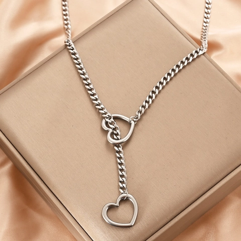 Collana a Y con Pendente a Cuore in Acciaio Inossidabile 304 Vintage Punk per Uomo Donna Hip Hop Gioielli a Catena Oro Argento